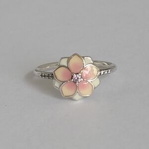 Pandora Magnolia Bloom Pink Enamel CZ Sterling Silver Floral Ring